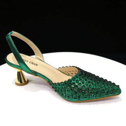 High Heels for Lady 2023 Luxury Designer Green Color Full Diamond Pointed Toe Wedding Shoe and Bag Set for Party