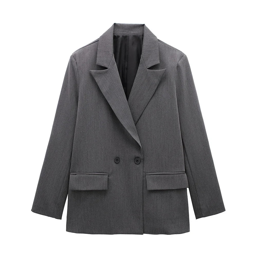 Women Fashion With Pockets Solid Double Breasted Blazer Vintage Long Sleeves Notched Neck Female Office Lady Outfits