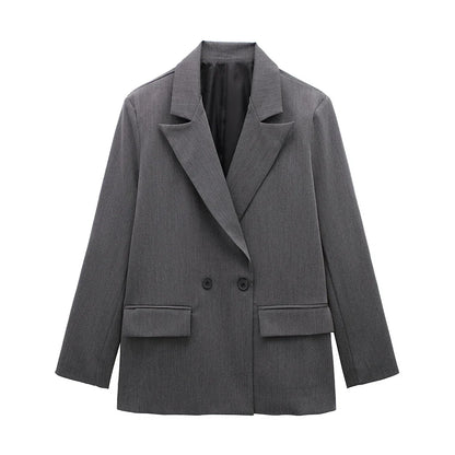 Women Fashion With Pockets Solid Double Breasted Blazer Vintage Long Sleeves Notched Neck Female Office Lady Outfits