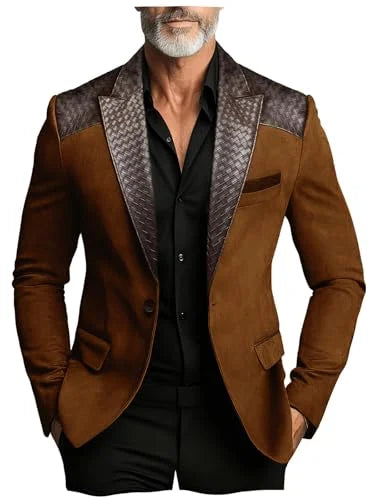 Men's Faux Suede Jacket with PU Leather Collar & Shoulder Two-Tone Blazer Contrast Trim Coat