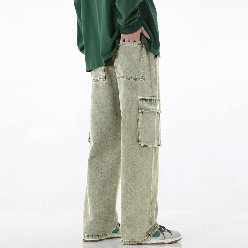 2024 New Men Baggy Cargo Jeans Fashion Streetwear Vintage Wide Leg Pants American Streetwear Y2K Big Pocket Youth Overalls