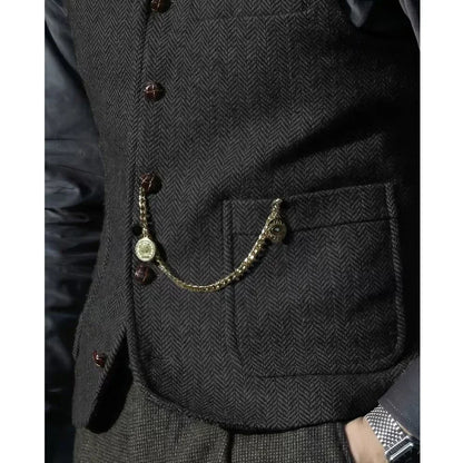 Men Vest Brown Herringbone With Lapel Single Breasted Waistcoat For Wedding Party Business Prom Work Daily Casual Men Suit Vest