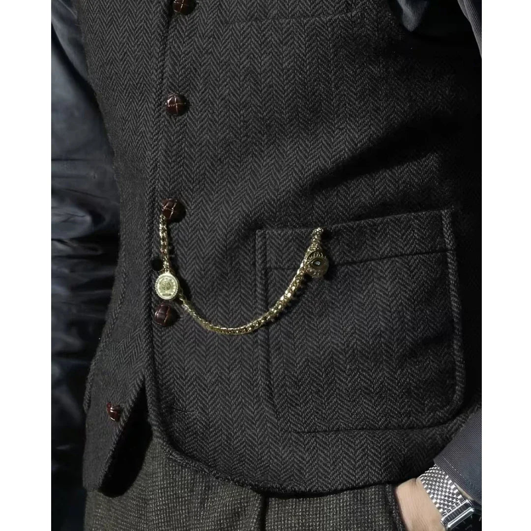 Men Vest Brown Herringbone With Lapel Single Breasted Waistcoat For Wedding Party Business Prom Work Daily Casual Men Suit Vest