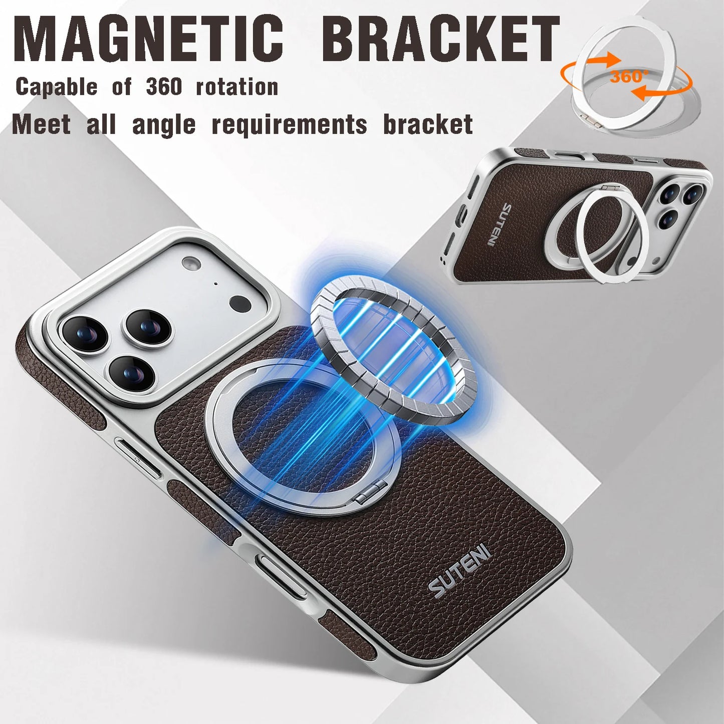 Faux Leather Magnet Wireless Charging Phone Case 360° Rotating Stand Ring Buckle Frosted Feel For iPhone 17 Pro Max 16 15