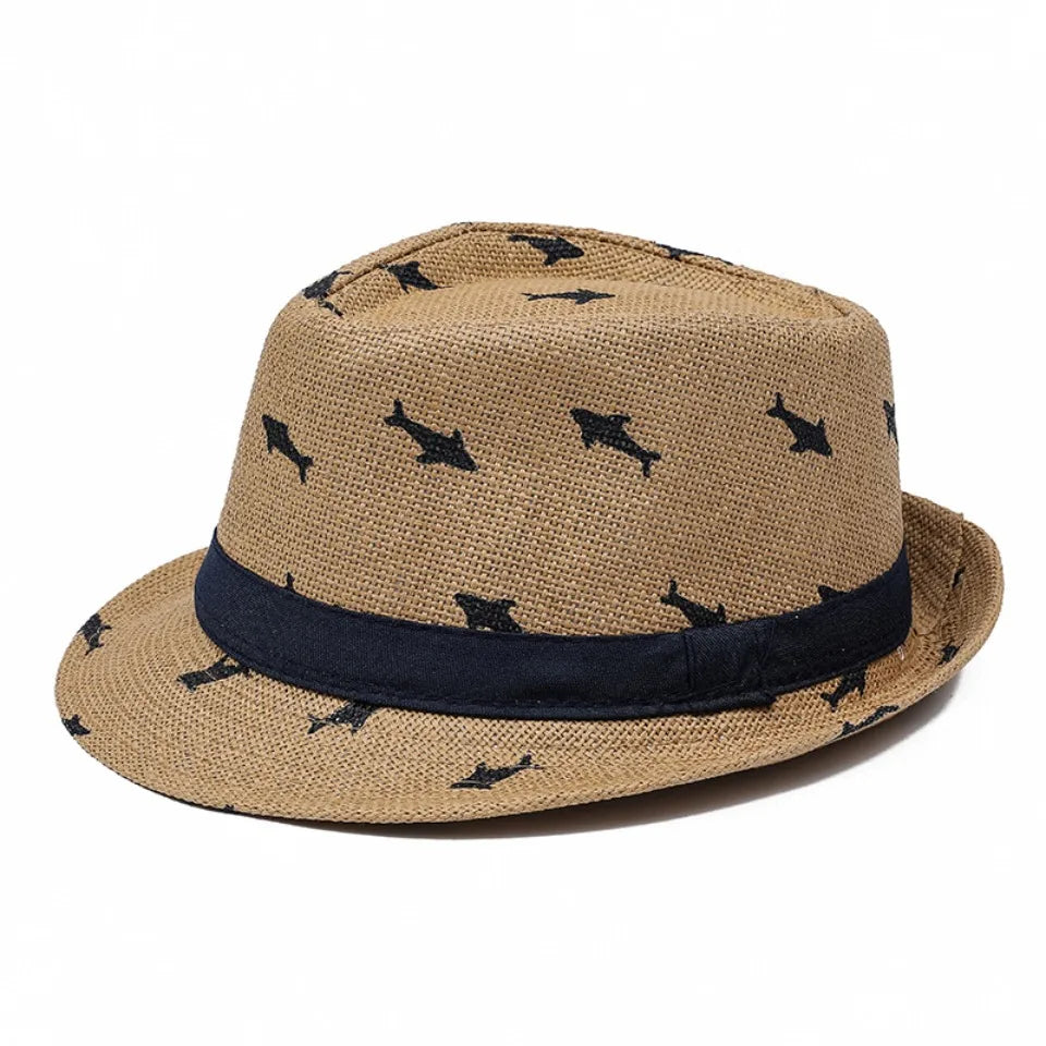 2026 Men's Breathable Straw Fedora Hat with Tropical Print UV Protection Beach Vacation Casual Jazz Cap for Summer