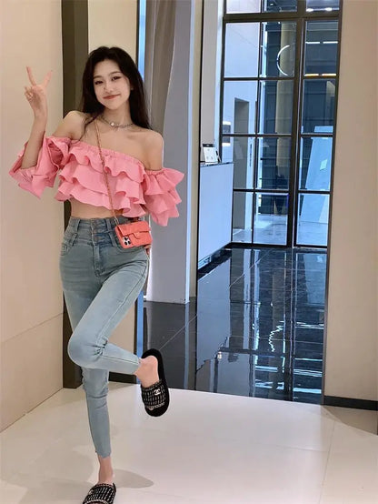 Off Shoulder Fashion Woman Blouse Stacked Ruffles Crop Top Shirt Summer Designer Short Sleeve Chiffon Sexy 2023 New