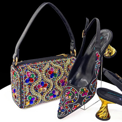 2024 Summer New Design Specials Italian Women Shoes and Bag Set in Royal Green Color Comfortable Heels With Rhinestone for Party