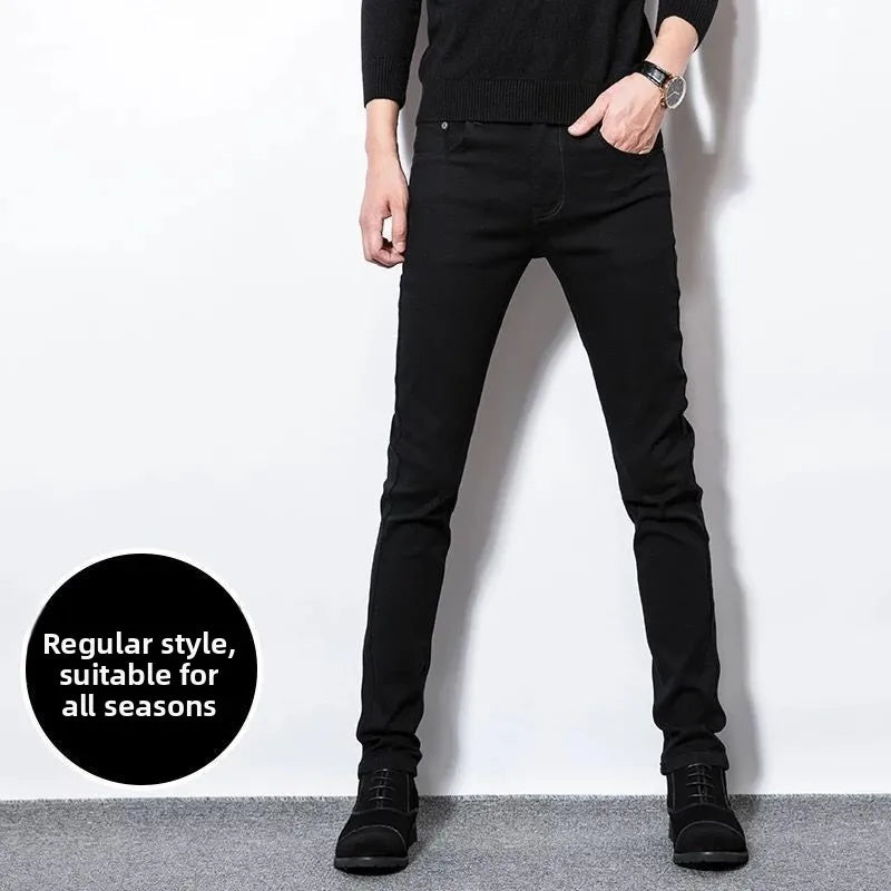 Trendy Men's Slim Fit Jeans Tear Hole Summer Thin Blue Cotton Elastic Waist Zipper Closure Casual Long Pants Youth Wear