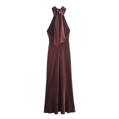 Dress for Women Fashion 2024 Autumn New Bow Sexy Backless French Elegant Halter Neck Satin Texture Midi Dresses