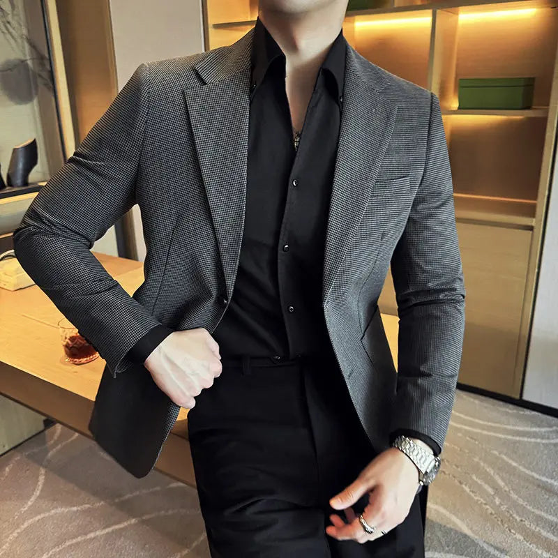 Korean Vintage Elegant Men's Business Slim Fit Suit Jacket 2026 New Fashion Lapel Single Breasted Men Social Party Dress Coats