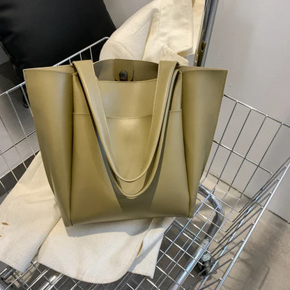 High Quality Soft Leather Woman Casual Tote Shopper Solid Color Handbags Large Capacity Single Shoulder Bag with Outer Pocket