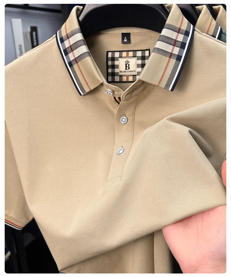 Fashion brand luxury short sleeve polo shirt men summer quality silky cotton breathable business casual striped collar T-shirt