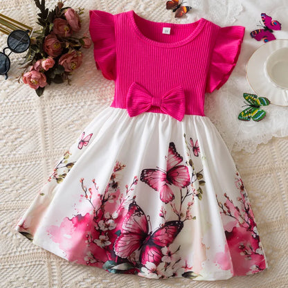 Summer New Girl's Butterfly Printed Dress 3-7Y Flying Sleeves Children's Cute Casual Dresses Girls Fashion Clothing