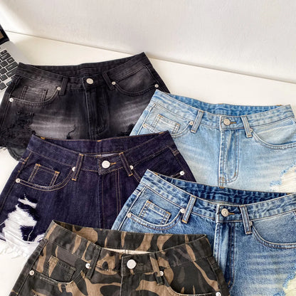 American Retro Camouflage Mini Shorts 2026 Ladies Hollow Out Slim Beach Pants Hot Girl Sexy Print Denim Shorts
