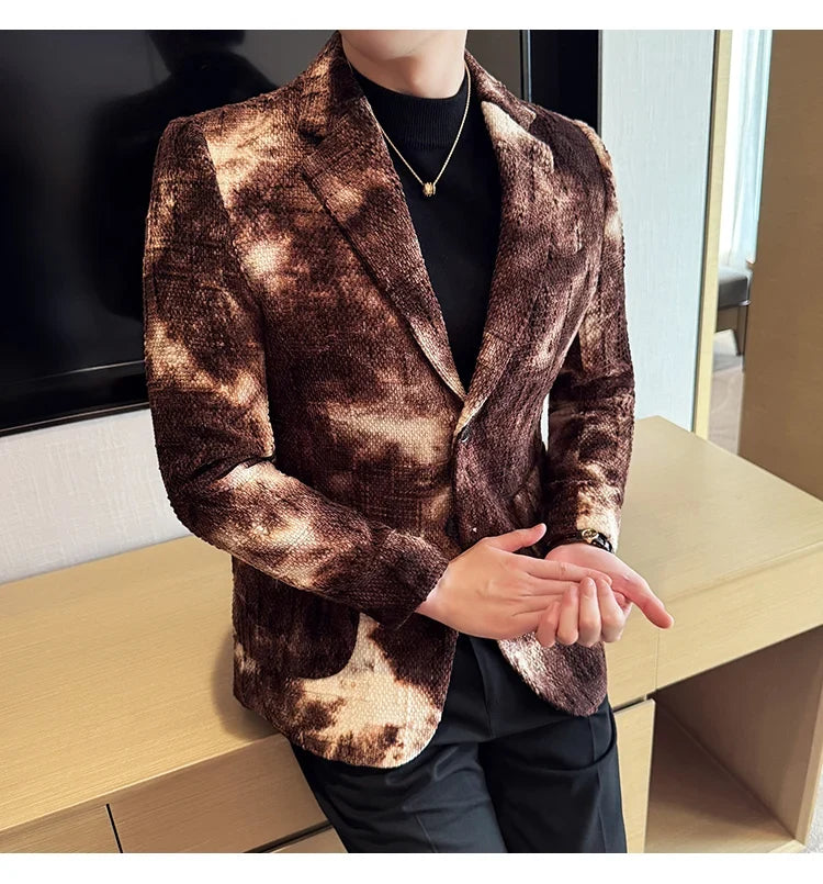 High QualityTie Dye Chenille Men Fashion Casual Suit Jacket Autumn Winter New Korean Slim Fit Social Wedding Suit Blazer