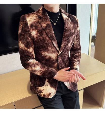 High QualityTie Dye Chenille Men Fashion Casual Suit Jacket Autumn Winter New Korean Slim Fit Social Wedding Suit Blazer