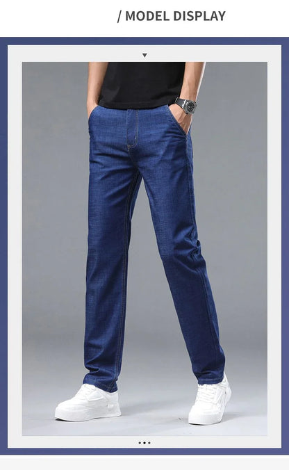 Light blue classic business jeans, fashionable breathable denim elastic pants, black blue men's straight leg jeans, sizes 28-40