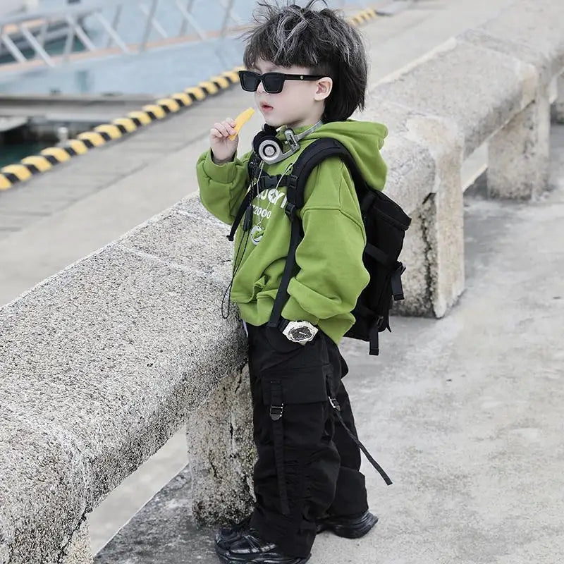 Children's 2026 Spring New Korean Version Boy Fruit Green Pocket Cut Hooded Casual Hoodie Trendy Cool Cargo Pants Two Piece Set