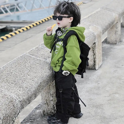 Children's 2026 Spring New Korean Version Boy Fruit Green Pocket Cut Hooded Casual Hoodie Trendy Cool Cargo Pants Two Piece Set