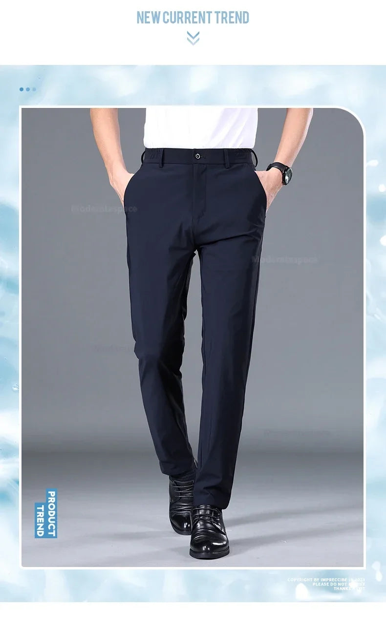 Summer Ultra-thin Casual Pants Men's High Elastic Quick-drying Ice Silk Straight Business Formal Casual Trousers Black Gray
