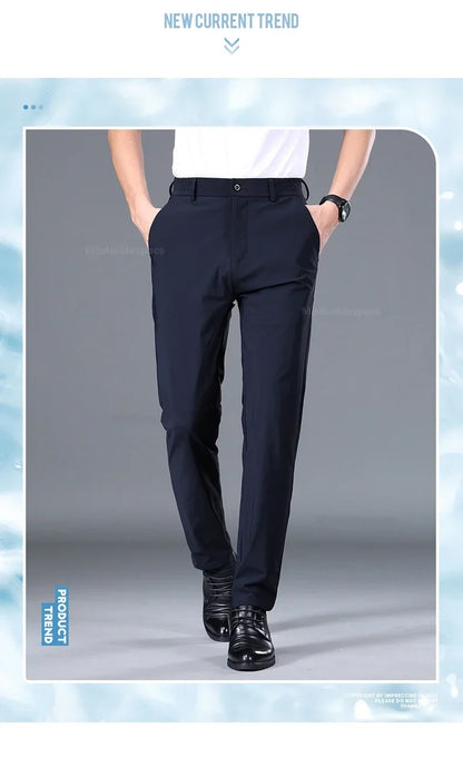 Summer Ultra-thin Casual Pants Men's High Elastic Quick-drying Ice Silk Straight Business Formal Casual Trousers Black Gray