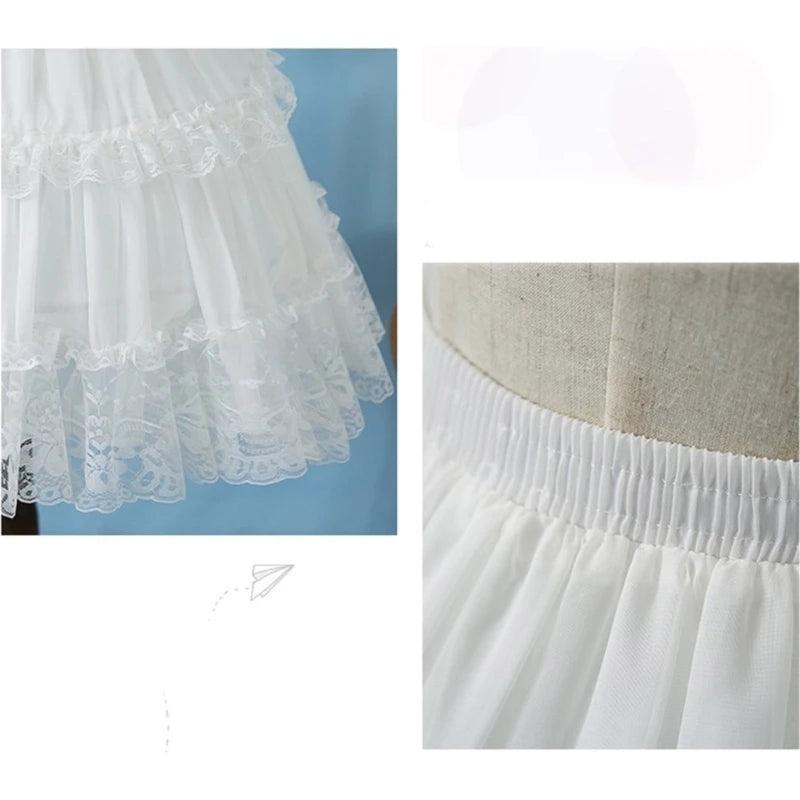 Womens Elastic Waist 2 Hoop Petticoat Ruffle Lace Short Half Slip Underskirt