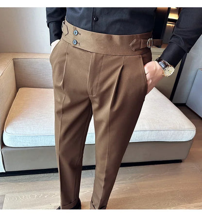 Autumn Winter High Waist Business Dress Pants Men Casual Belt Design Slim Suit Pants Formal Wedding Social Party Male Trousers