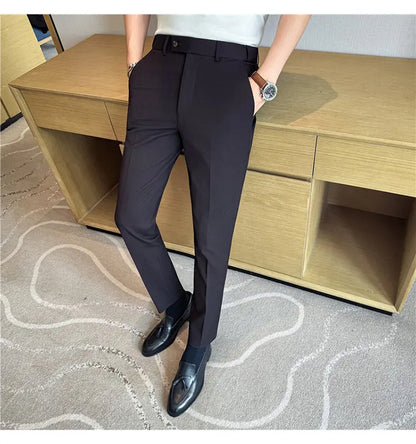 Autumn Winter Thicken Elastic Waist Casual Suit Pants High Quality Men Woven Dark Striped Slim Fit Office Social Dress Trousers