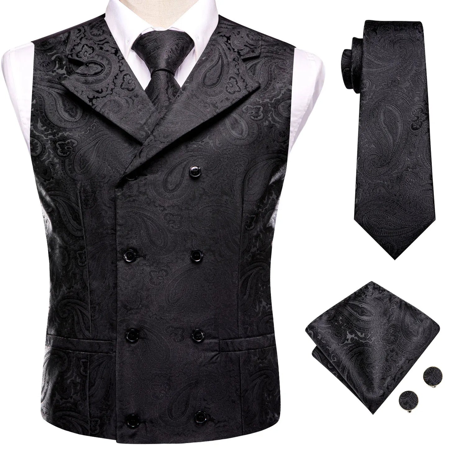 Dark Red Men's Vests Silk Paisley Jacquard Waistcoat Jacket NeckTie Hanky Cufflinks for Men Business Party Designer Gifts