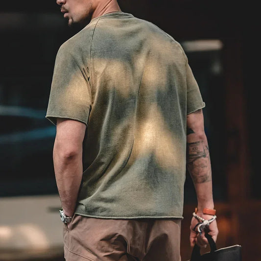 Japanese Vintage Heavyweight Henley T-Shirt Men Distressed Loose Short Sleeve Tops Casual Button Cotton Washed Tee Shirts