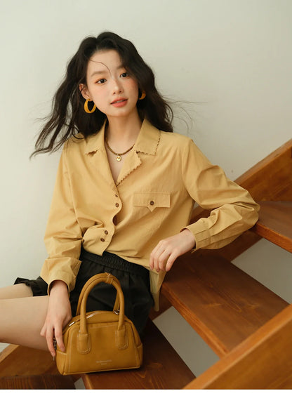 Women's Retro Yellow Lapel Cotton Shirt 2025 Autumn Loose Casual Top Contrasting Button with Pocket Shirts MXE41C2356