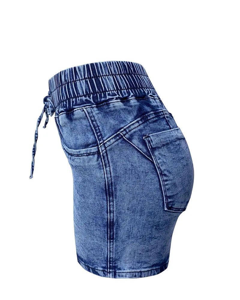 Luxury Fashion Slim Spring/summer New Slim Denim Shorts Women's High Waist Elastic Waist Lace-up Hot Pants