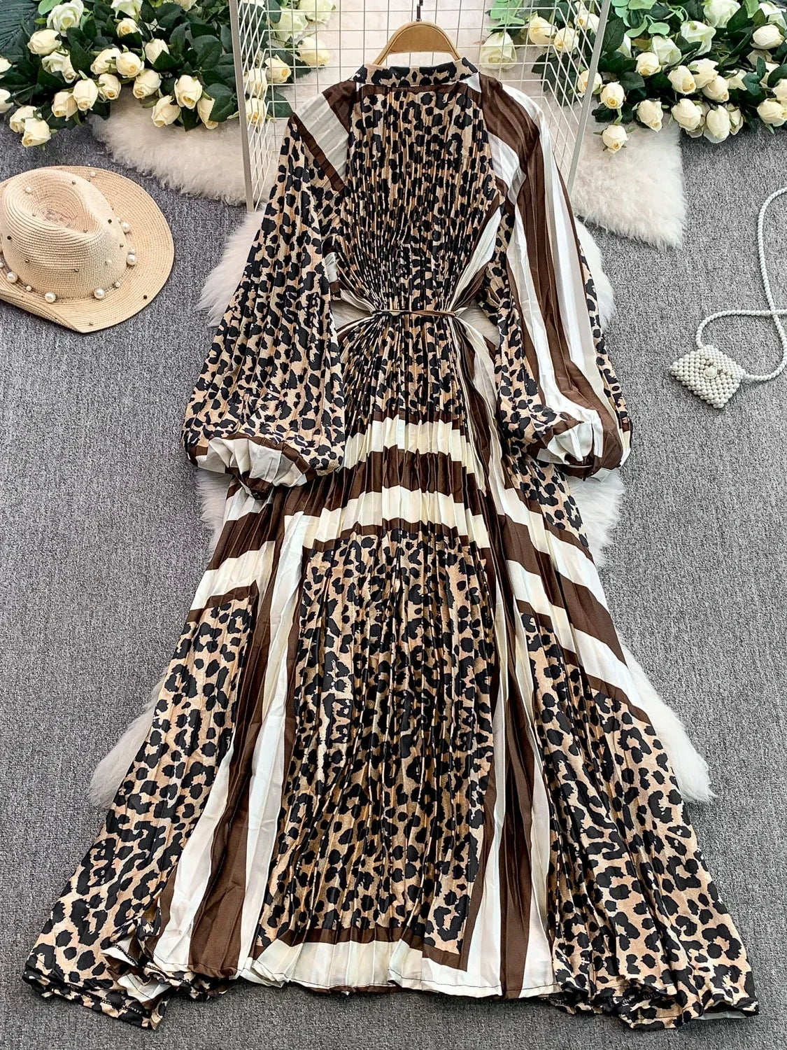 Ele Printed round Ne Lantern Sve Dr Women's Single Button Waist Cinch Maxi Skirt Long Dr Commute Sle Autumn
