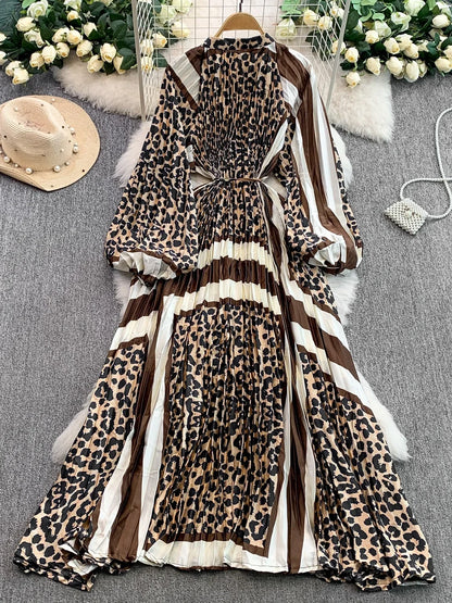 Ele Printed round Ne Lantern Sve Dr Women's Single Button Waist Cinch Maxi Skirt Long Dr Commute Sle Autumn
