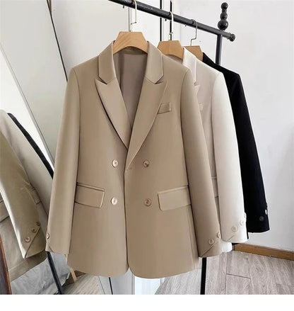 Women Blazers 2025 New Spring Autumn Loose Casual Suit Jackets Double Breasted Suit Collar Fashion Chic Cuff Design Female Tops