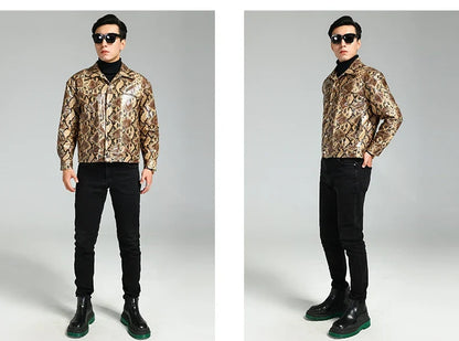 Autumn Short Handsome Cool Colorful Snakeskin Print Pu Leather Jacket Men Luxury European Style Clothes 2023 EU Size