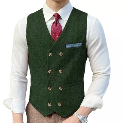 Men Vest Brown Solid Double ButtonTweed Slim Casual Business Waistcoat Jacket For Wedding Party Banquet Prom Set