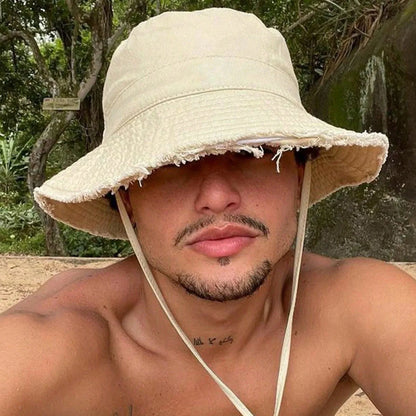 Fashion Men Fisherman Hats Foldable Bob Bucket Hat with Big Brim Sunscreen with Adjust Chin Rope Caps Beach Fishing Gorras Hat
