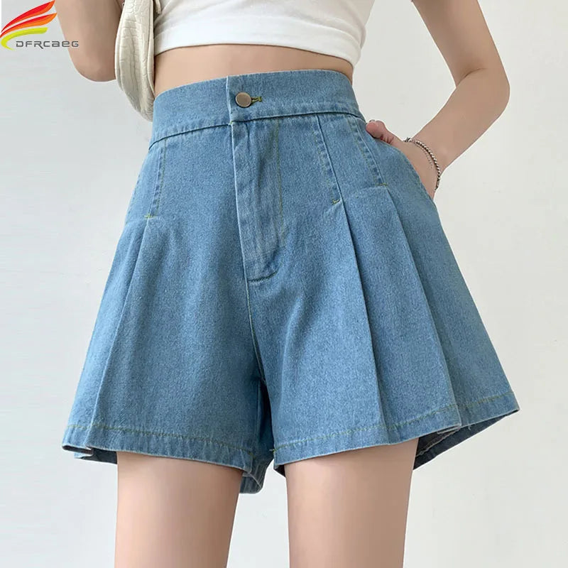 2024 Summer Plus Size Denim Shorts For Women High Elastic Waist Blue Or Sky Blue Pleated Mini Large Size Short Femme