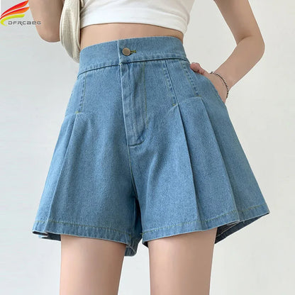 2024 Summer Plus Size Denim Shorts For Women High Elastic Waist Blue Or Sky Blue Pleated Mini Large Size Short Femme
