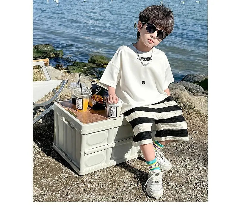 Summer Boys Cotton Leisure White T-Shirt Tops+Contrast Stripes Shorts Pant Set School Kids 2PCS Tracksuit Children Outfit 3-14Yr