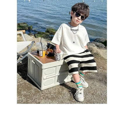 Summer Boys Cotton Leisure White T-Shirt Tops+Contrast Stripes Shorts Pant Set School Kids 2PCS Tracksuit Children Outfit 3-14Yr