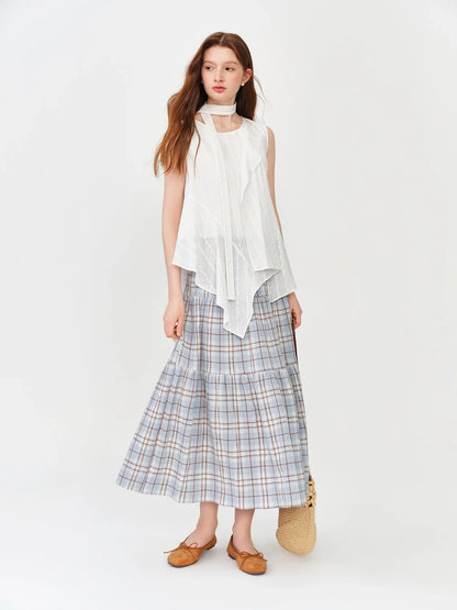 2026 Summer Women Asymmetrical Cut-out Tie-Neck Sleeveless Blouse Round Neck Top Soft Elegant Daily Layering Essential