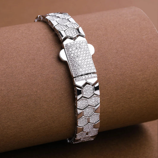 Bracelets originaux en moissanite nid d'abeille et diamants pour femmes et hommes, en argent sterling 925, bracelet de tennis à bord large, chaîne de poignet