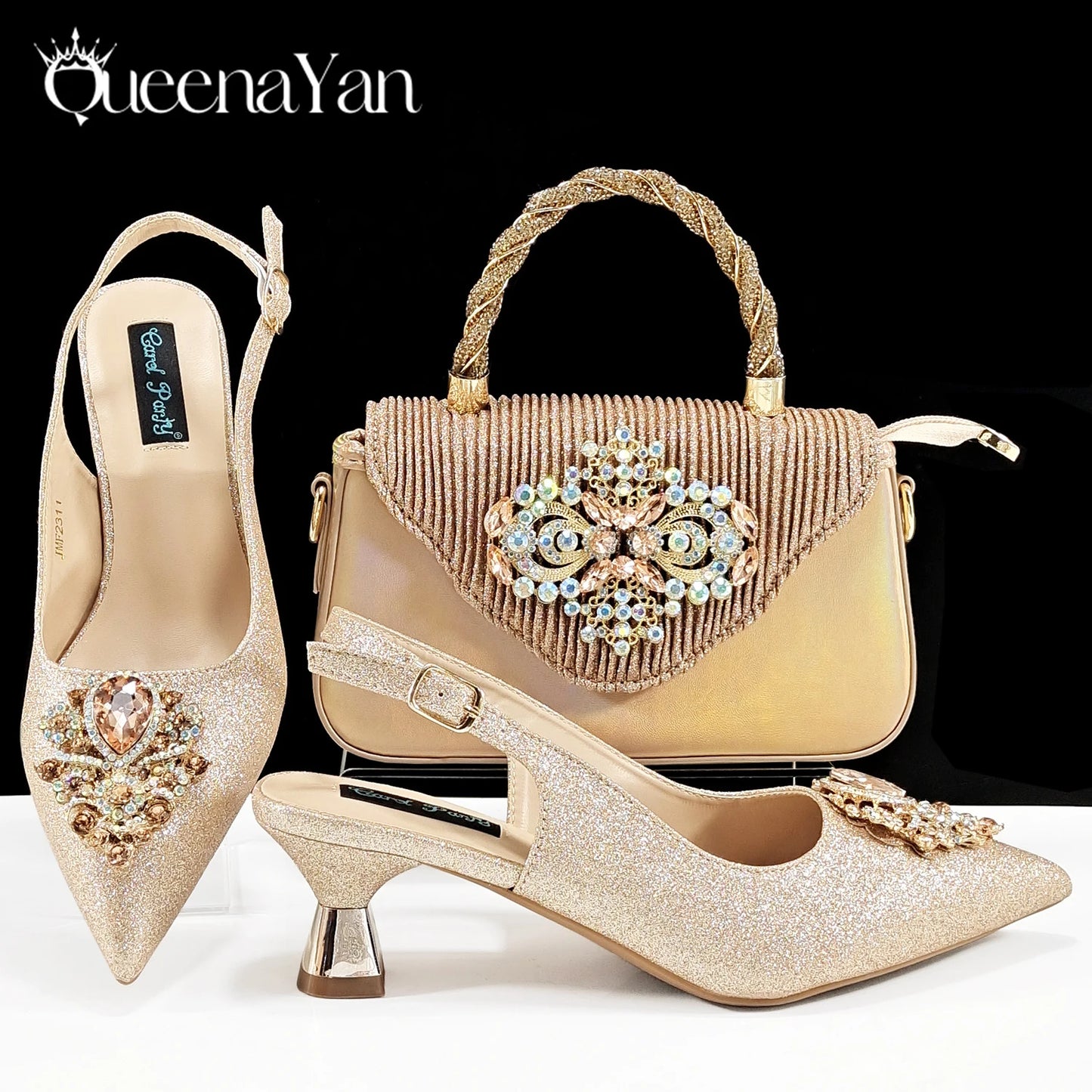 Hot Selling INS Pointed-Toe Luxury Style Women High Heels Sandal With Bag Set Orange Color for Wedding Party