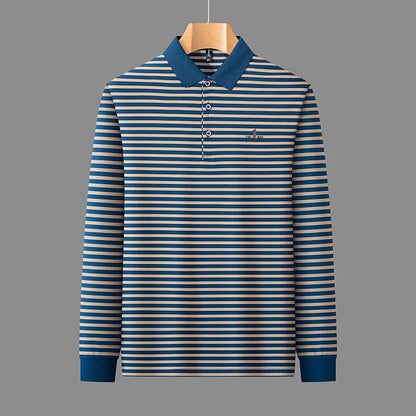 2025 New Lapel Striped T-shirt Men's Long Sleeved Spring and Autumn New Top Casual Polo Shirt Men