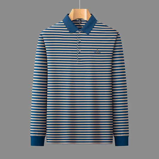 2025 New Lapel Striped T-shirt Men's Long Sleeved Spring and Autumn New Top Casual Polo Shirt Men