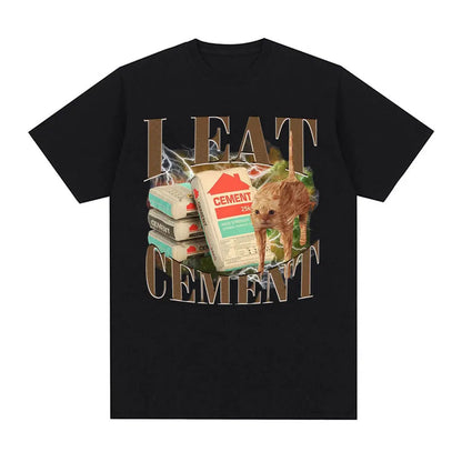 I Eat Cement Cursed Cat Funny Meme T Shirt for Men Women Fashion Casual Short Sleeve T Shirts Male Oversized Cotton T-shirt Tops