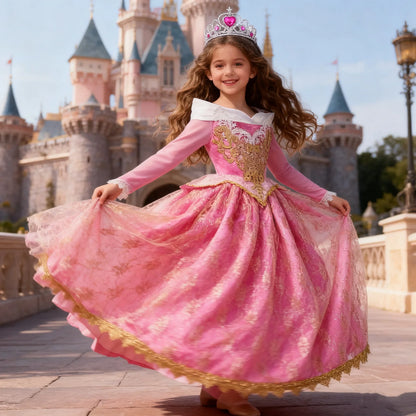 Girl Aurora Princess Dress Children Luxurious Cosplay Costume Rose Pink Briar Rose Outfit Kids Carnival Birthday Party Clothing