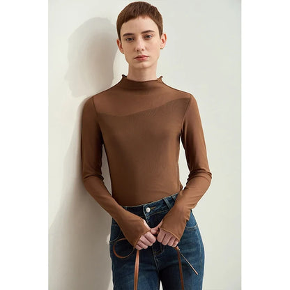 Minimalism Mesh T-shirts For Women 2025 Autumn New Office Lady Half-high Neck Micro Perspective Slim Retro Shirt 12423055